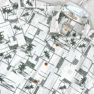 Quiksilver Waterman Hawaiian Camp Shirt Mens XXL White Green Palm AOP Tiki Aloha